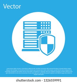 Blue Server with shield icon isolated on blue background. Protection against attacks. Network firewall, router, switch or server, data, center. White circle button. Flat design. Vector Illustration