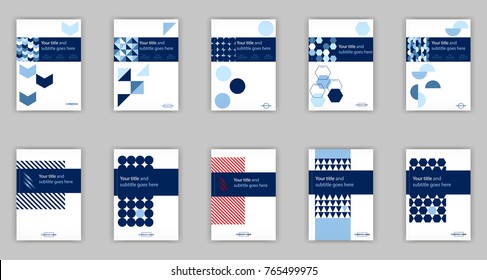 Blue set of 10 A4 Business Book Cover Design Templates. Good for Portfolio, Brochure, Annual Report, Flyer, Magazine, Academic Journal, Website, Poster, Monograph, Corporate Presentation, Vector.
