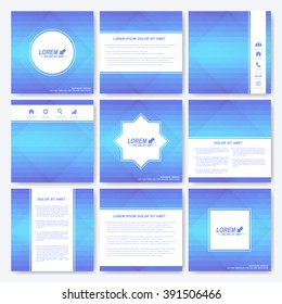 Blue set of brochure. Square brochure template . Business, science, medicine and technology design . Cover layout . Blue card. Background with blue triangles.