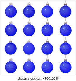 Blue Set of Christmas balls ornaments. Winter holiday elements. Isolated on white, vector