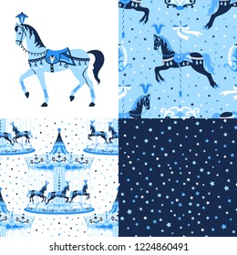 Blue set, collection of carousel, merry-go-round, roundabout seamless patterns with horses and stars. Vector illustration can be used for textile, wallpaper, greeting card backdrop. Vintage style.