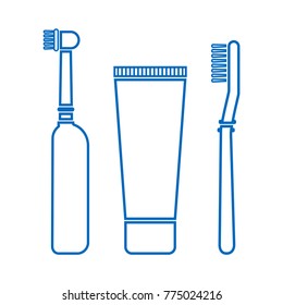 Blue set of electric toothbrush, toothpaste and toothbrush. Outline design. Vector illustration