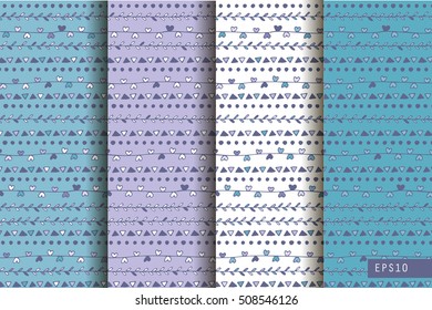 Blue set of four ethnic seamless patterns. Holiday handmade abstract wallpaper. Vector illustration.