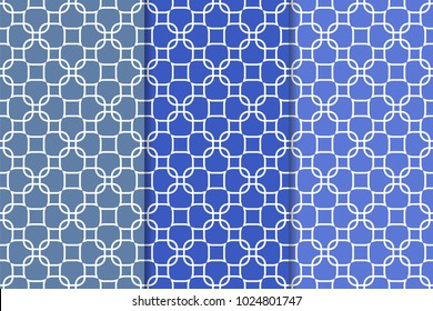Blue set of geometric seamless patterns for web, textile and wallpapers
