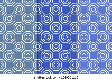 Blue set of geometric seamless patterns for web, textile and wallpapers