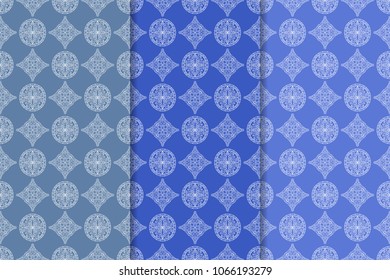Blue set of geometric seamless patterns for web, textile and wallpapers