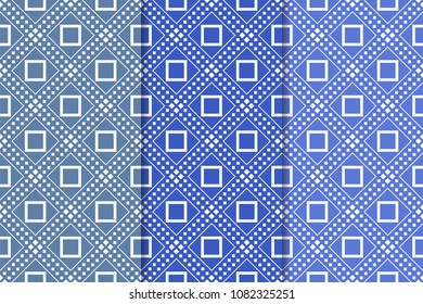 Blue set of geometric seamless patterns for web, textile and wallpapers