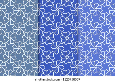 Blue set of geometric seamless patterns for web, textile and wallpapers