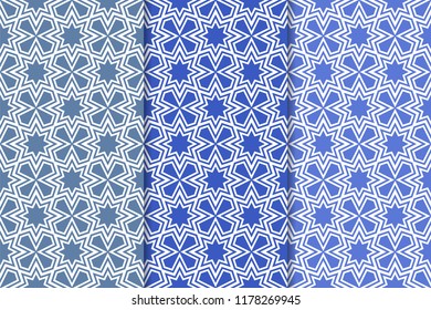 Blue set of geometric seamless patterns for web, textile and wallpapers