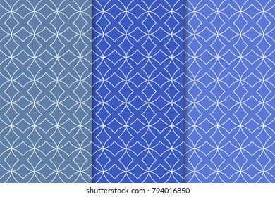 Blue set of geometric seamless patterns for web, textile and wallpapers