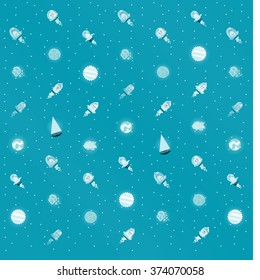 blue set of hand-drawn cartoon aliens in spaceships