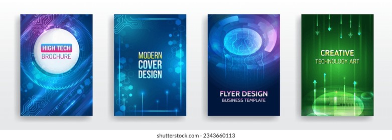 Blue set of hi-tech covers for presentation and marketing. Futuristic design for medical, scientific, computer flyers, brochures, and webinar pages. High-tech corporate document cover design.