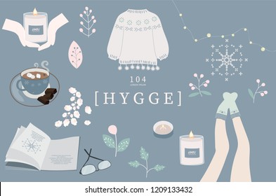 Blue set of hygge cards and posters with candle,hand,sock,leg,coffee,flower,leaf,book,glasses and light