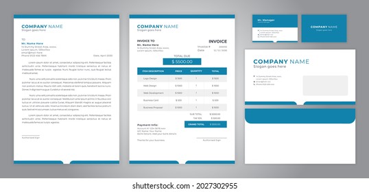blue set of letter head, invoice, business card and envelope