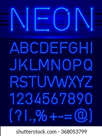 Blue Set Neon Font And Symbols Isolated On Black