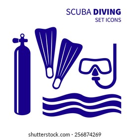 Blue set scuba diving icons. Vector illustration.