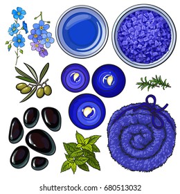 Blue set of spa salon accessories - basalt stones, massage oil, towel, candles, aromatic salt, sketch vector illustration on white background. Spa set - stones, massage oil, rolled up towel, candles