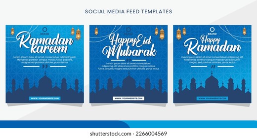 blue set square greeting banner for ramadan kareem social media feed post template. eps 10.