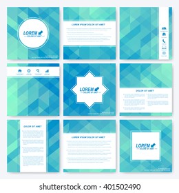 Blue set of square template brochure. Business, science, medicine and technology design. Cover layout. Background with light blue triangles.