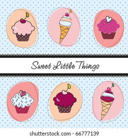 Blue set of sweet cupcakes and ice-creams