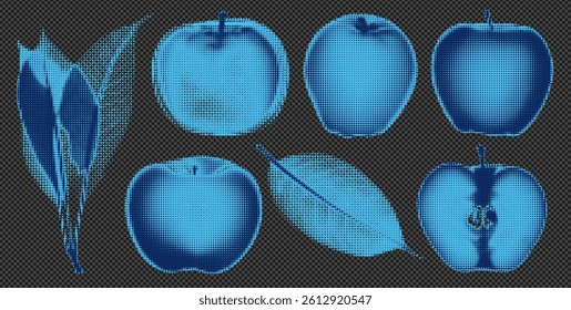 Blue Set of Transparent Apples with a Grunge Floral Silhouette in a Vintage X-Ray Aesthetic Incorporating Botanical Elements and 90s Inspired Abstract Graphic Texture