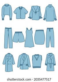 Blue set with vector clothing. Trousers, coats, blouses of various types