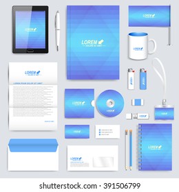 Blue set of vector corporate identity template. Modern business stationery mock-up. Background with light blue  triangles. Branding design.