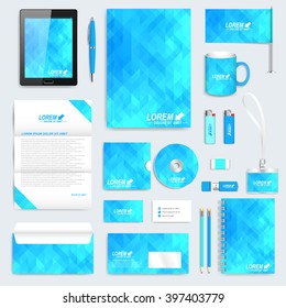 Blue set of vector corporate identity template. Modern stationery mock-up. Background with light blue triangles. Business, science, medicine and technology design.
