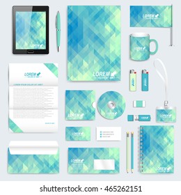 Blue set of vector corporate identity template. Modern business stationery mock-up. Background with blue triangles. Branding design
