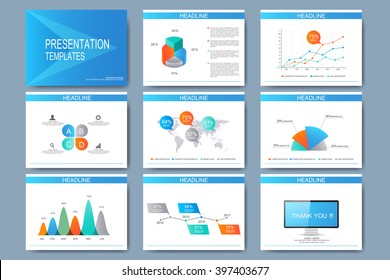 Blue set of vector templates for multipurpose presentation slides. Modern business flat design with graphs and chart. Leaflet marketing advertising.