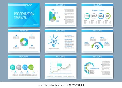Blue set of vector templates for presentation slides. Modern business design with graph and charts.
