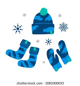 Blue set winter warm sportswear and accessories, mittens, hat and socks. Clothed flat vector cartoon illustration of winter-time activity isolated on white background.