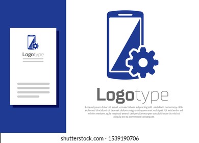 Blue Setting on smartphone icon isolated on white background. Mobile phone and gear. Adjusting, service, setting, maintenance, repair, fixing. Logo design template element. Vector Illustration