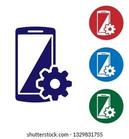 Blue Setting on smartphone screen icon on white background. Mobile phone and gear sign. Adjusting app, set options, repair, fixing phone concepts. Set color icon in circle buttons. Vector Illustration