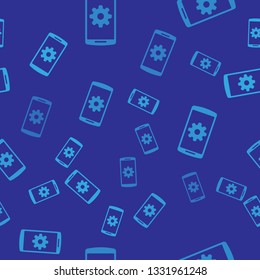 Blue Setting on smartphone screen icon seamless pattern on blue background. Mobile phone and gear sign. Adjusting app, set options, repair, fixing phone concepts. Vector Illustration