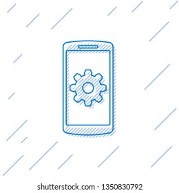 Blue Setting on smartphone screen icon on white background. Mobile phone and gear sign. Adjusting app, set options, repair, fixing phone concepts. Vector Illustration