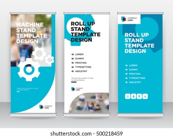 Blue Settings Machine Service Modern Exhibition add Trend Business Roll Up Banner Stand Poster Brochure flat abstract design template creative concept. Cover presentation. Publication.Stock vector.EPS