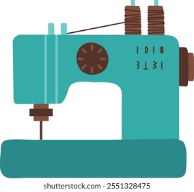 A blue sewing machine with a clock on the front