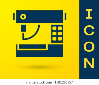 Blue Sewing machine icon isolated on yellow background.  Vector Illustration