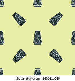 Blue Sewing thread on spool icon isolated seamless pattern on white background. Yarn spool. Thread bobbin.  Vector Illustration