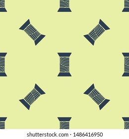 Blue Sewing thread on spool icon isolated seamless pattern on white background. Yarn spool. Thread bobbin.  Vector Illustration