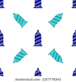 Blue Sewing thread on spool icon isolated seamless pattern on white background. Yarn spool. Thread bobbin.  Vector Illustration