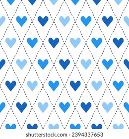 Blue shade argyle pattern with heart inside. Argyle vector pattern. Argyle pattern. Seamless geometric pattern for clothing, wrapping paper, backdrop, background, gift card, sweater.