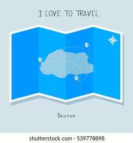 A blue shade Map with map pin of the Bhutan . Sketch Country map for infographics, brochures and presentations. vector sky blue map illustration