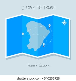A blue shade Map with map pin of the French Guina . Sketch Country map for infographics, brochures and presentations. vector sky blue map illustration