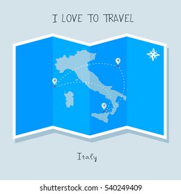 A blue shade Map with map pin of the Italy . Sketch Country map for infographics, brochures and presentations. vector sky blue map illustration