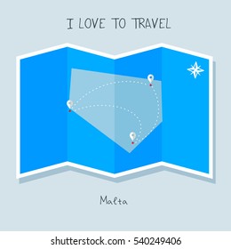 A blue shade Map with map pin of the Malta . Sketch Country map for infographics, brochures and presentations. vector sky blue map illustration