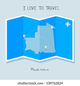 A blue shade Map with map pin of the Mauritania . Sketch Country map for infographics, brochures and presentations. vector sky blue map illustration
