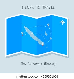 A blue shade Map with map pin of the New Caledonia . Sketch Country map for infographics, brochures and presentations. vector sky blue map illustration