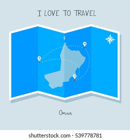 A blue shade Map with map pin of the Oman . Sketch Country map for infographics, brochures and presentations. vector sky blue map illustration